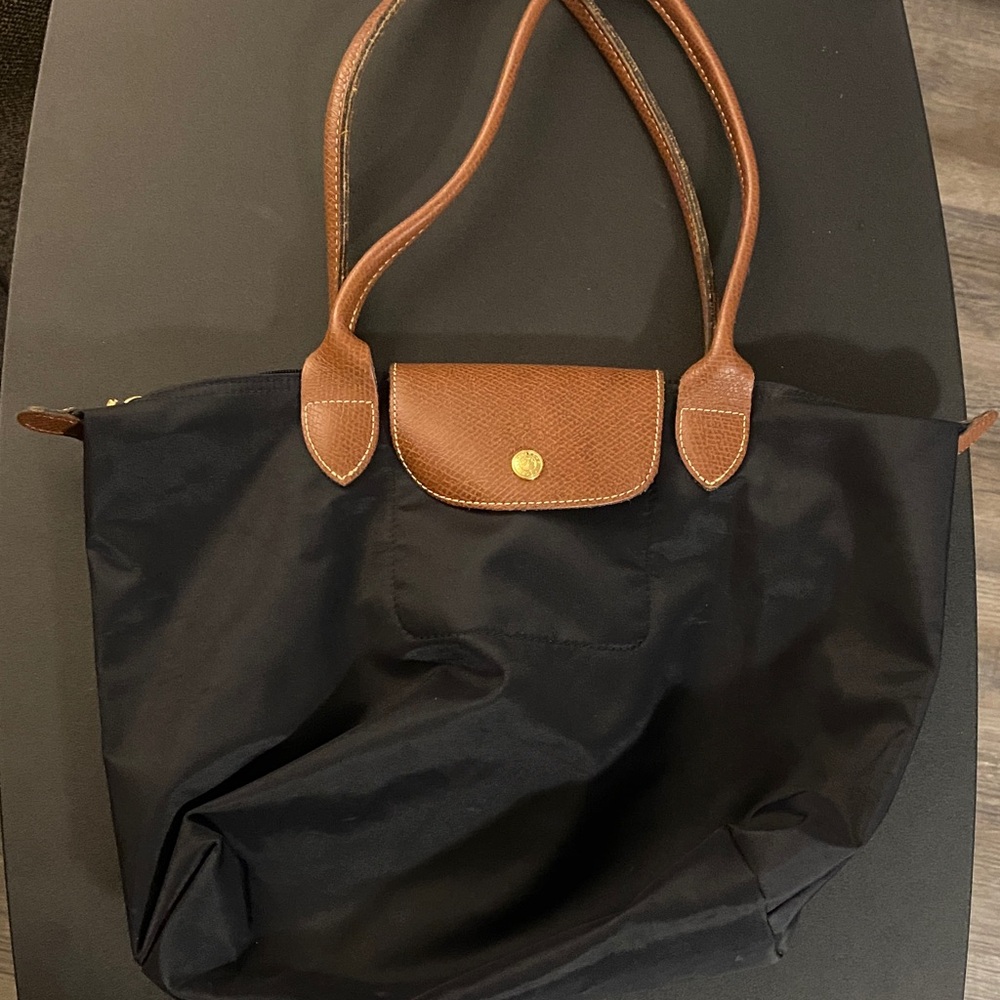 Longchamp Black Tote with Brown Accents